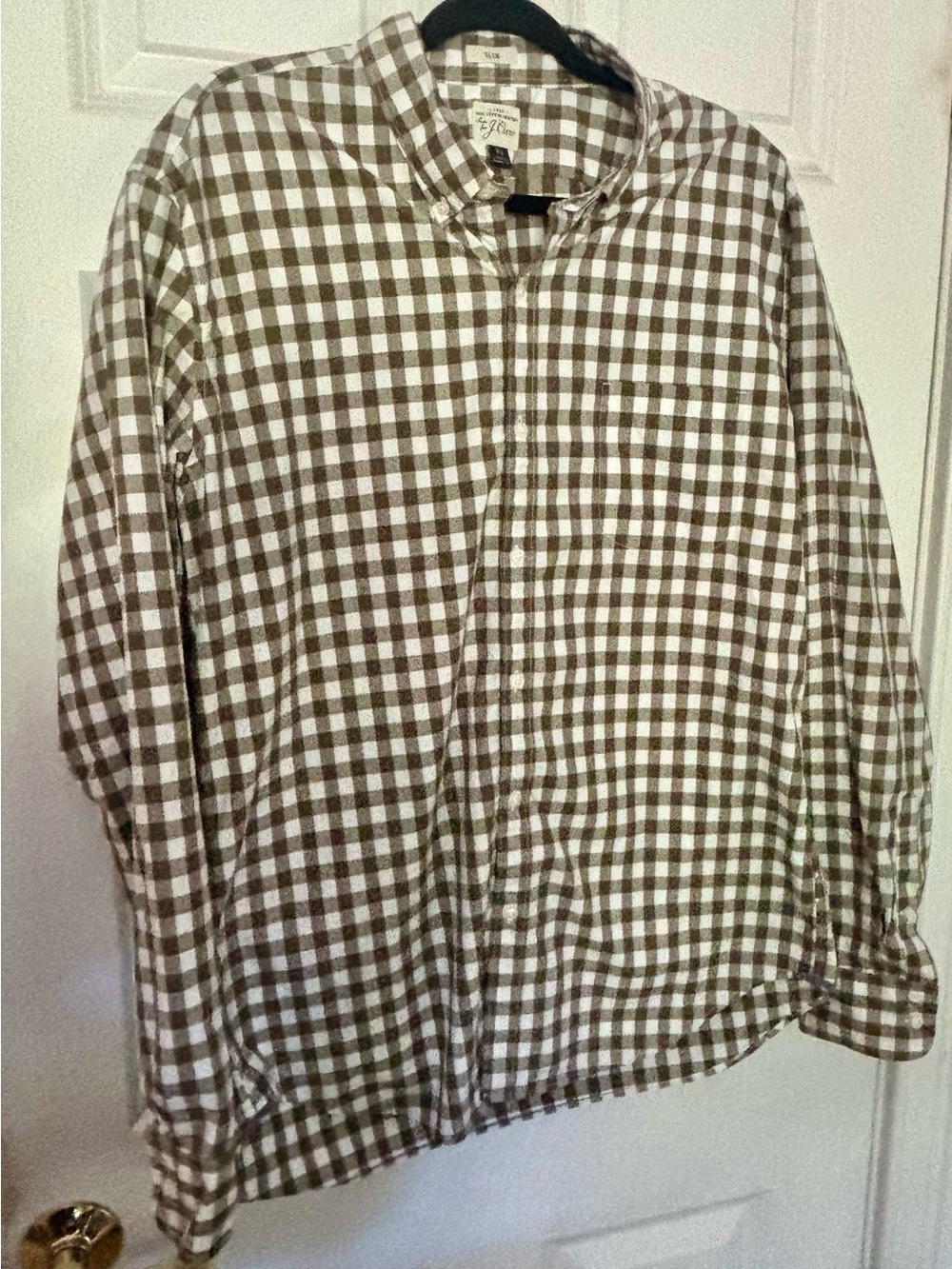 J.Crew Men's XL Slim 100% 2-Ply Cotton White/Olive Gingham Button Down EUC